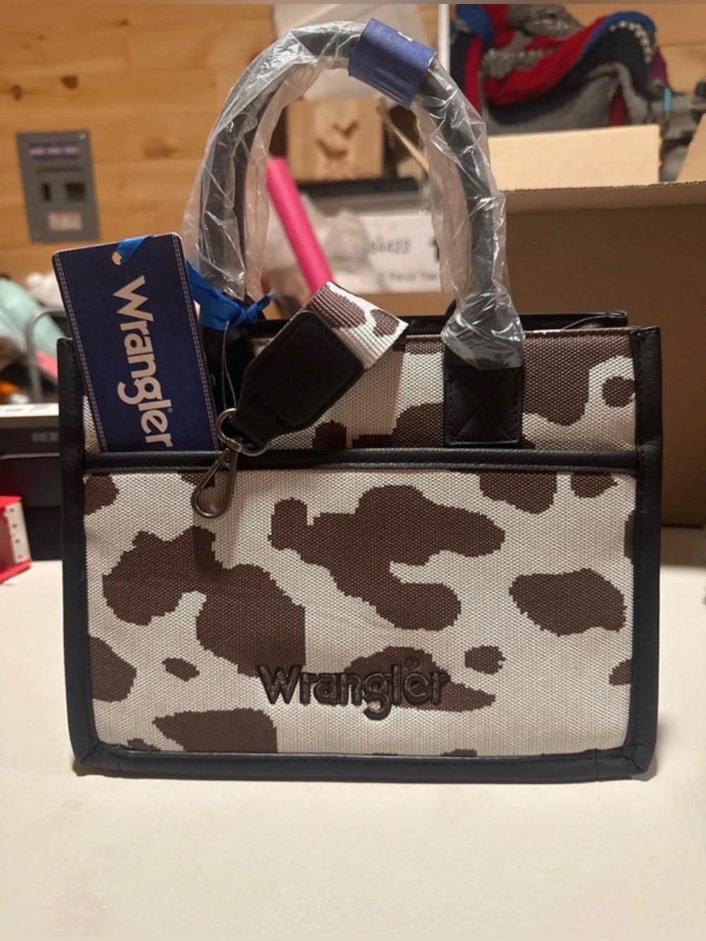 Wrangler Brown & Cream Cowprint Canvas Satchel